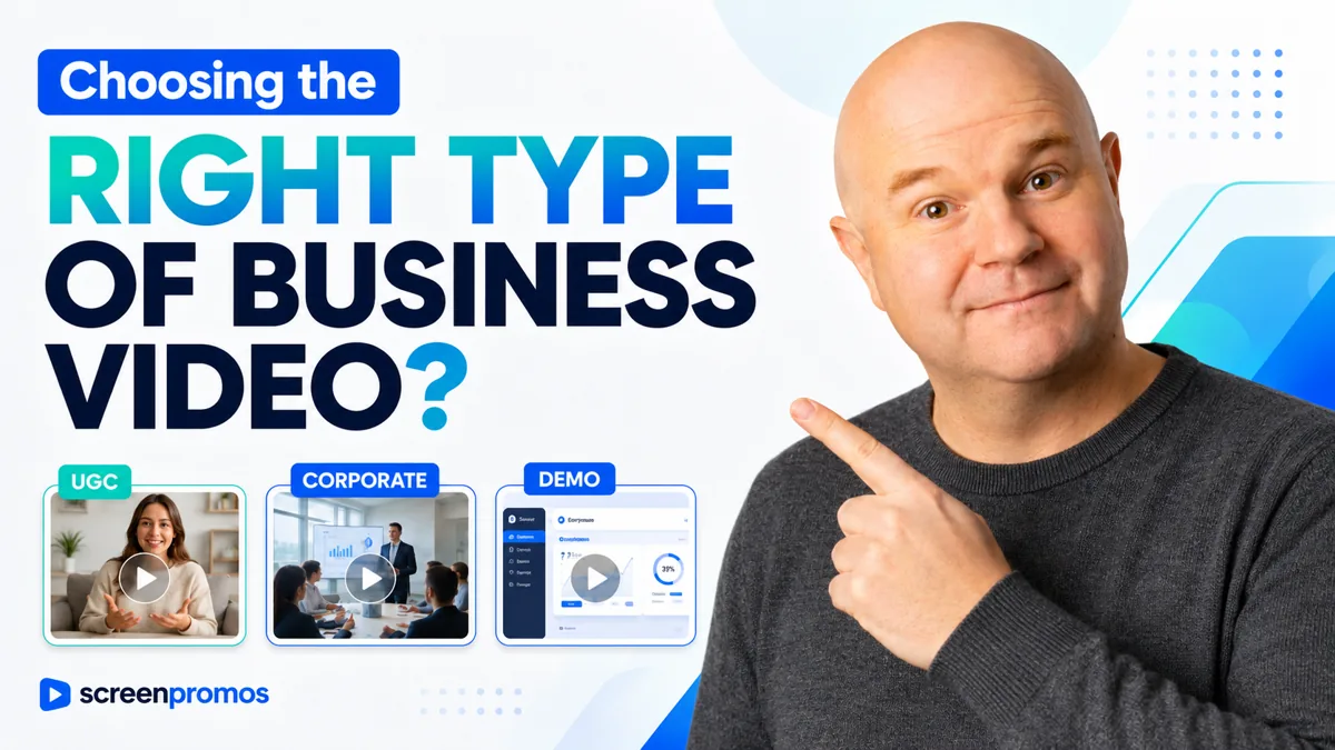 Screen Promos thumbnail for choosing the right type of business video with UGC, corporate and demo examples.